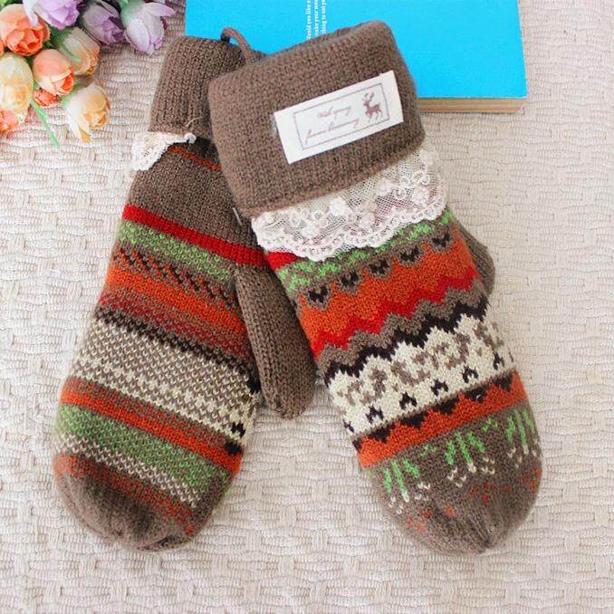 2025新款针织毛线手套女冬季可爱加绒加厚保暖连指手套带挂脖学生