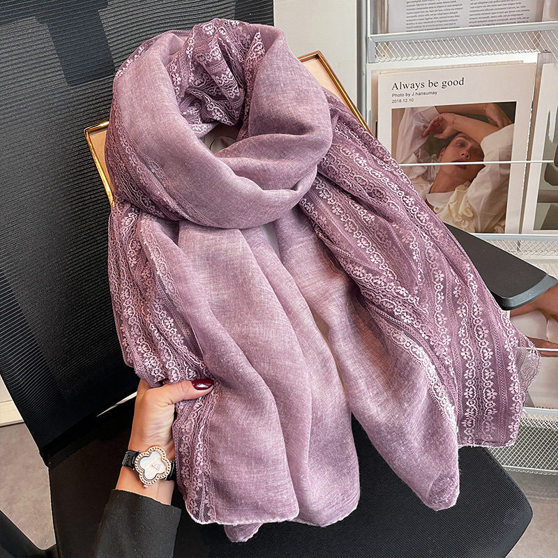 2025秋冬季百搭蕾丝棉麻围巾女披肩两用春秋时尚纯色丝巾纱巾薄款