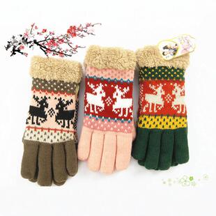 冬季毛线针织分指手套女加绒加厚棉保暖骑行五指学生可爱小鹿冬天