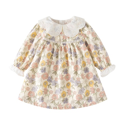 2026春秋新款女童碎花连衣裙女孩娃娃领长袖公主裙度假风女宝裙子