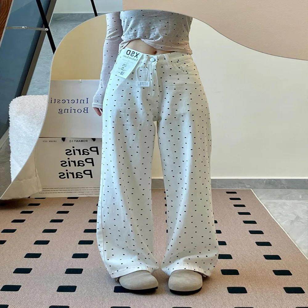 韩系白色波点碎花直筒牛仔裤女2024年新款高腰宽松显瘦百