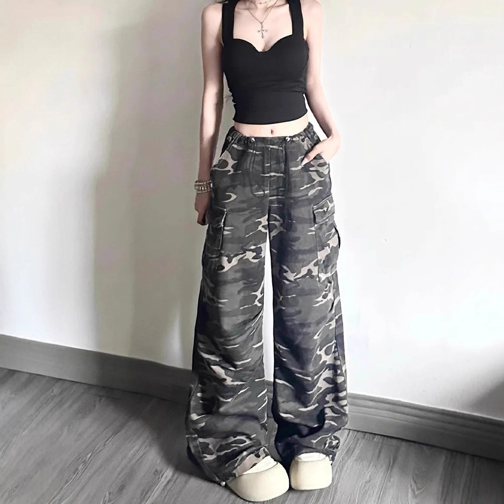 美式复古迷彩工装牛仔裤女高腰阔腿裤抽绳束脚设计直筒裤