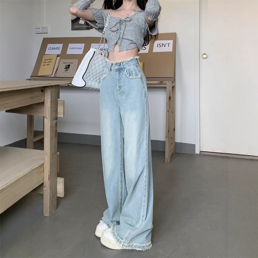 梨形身材复古绿毛边直筒牛仔裤女秋季高腰显瘦拖地阔腿裤