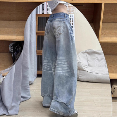 美式加绒弯刀牛仔裤女秋冬2025新款低腰宽松直筒阔腿梧桐镰刀裤子