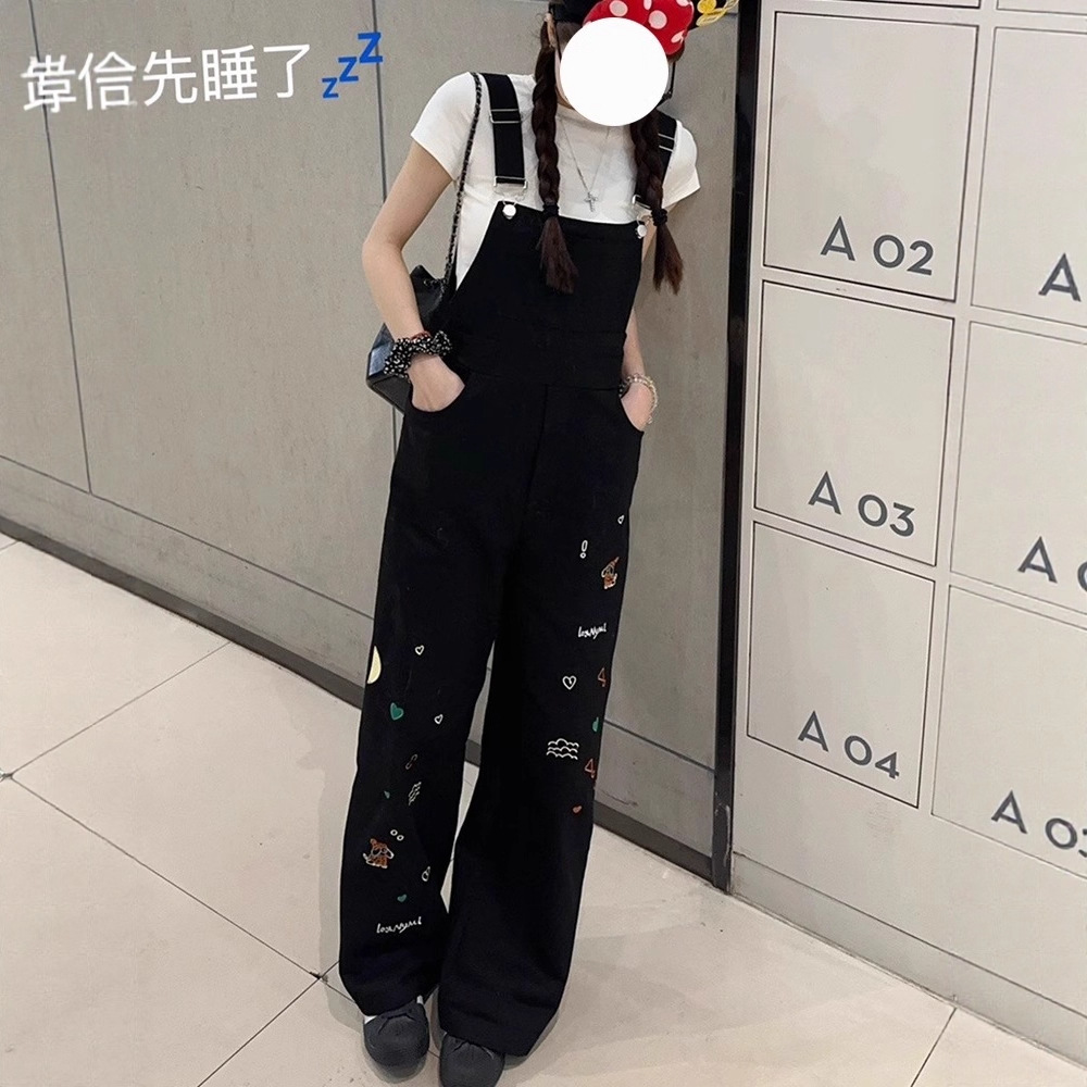 大码慵懒风设计感复古高街牛仔背带裤女夏季新款小狗刺绣拖地裤潮