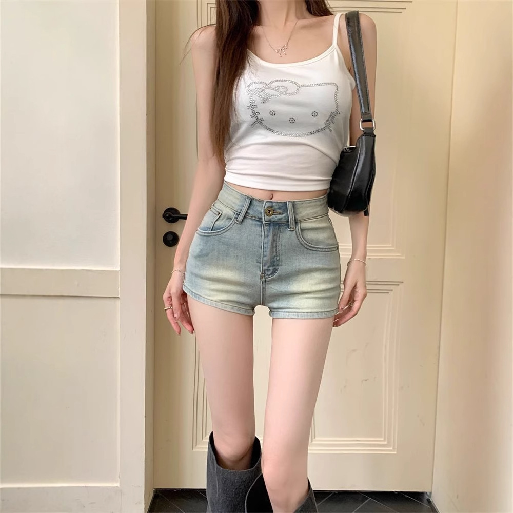 做旧浅色牛仔短裤女夏季复古高腰休闲辣妹超显瘦直筒裤子