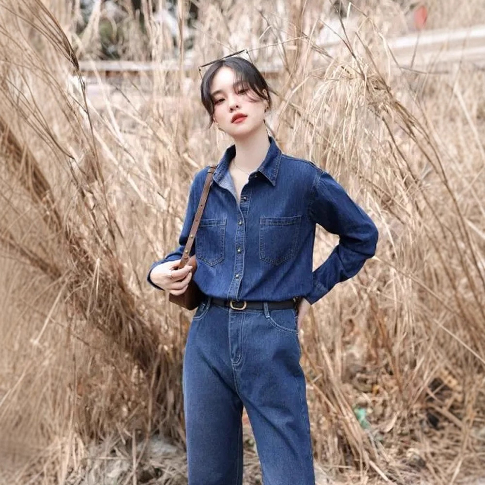 复古水洗牛仔衬衫外套女春秋设计感小众上衣港味蓝色宽松长袖衬衣