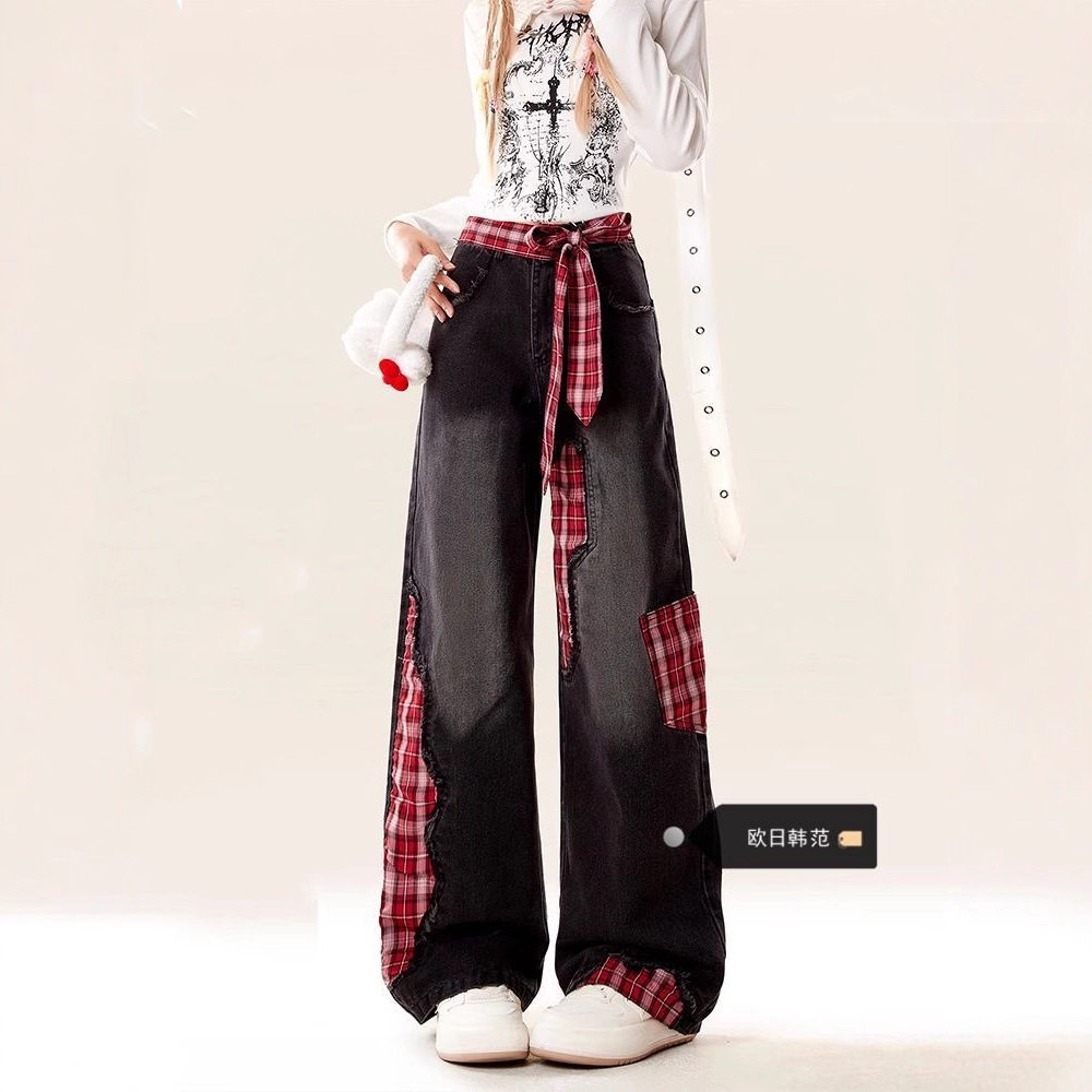 黑色拼接牛仔裤红色蝴蝶结绑带做旧日韩系格子补丁牛仔裤女阔腿裤