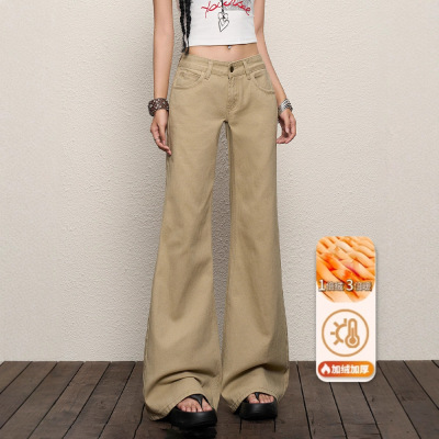 美式复古卡其色低腰牛仔裤女2025冬款加绒辣妹不贴腿微喇阔腿长裤