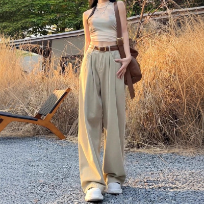 奶咖色卡其色直筒牛仔裤女夏阔腿2025新款高腰显瘦褶皱纹路小众