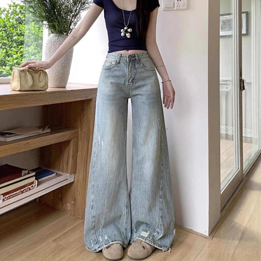 直筒女高腰宽松小个子牛仔直筒裤子复古磨破阔腿牛仔裤