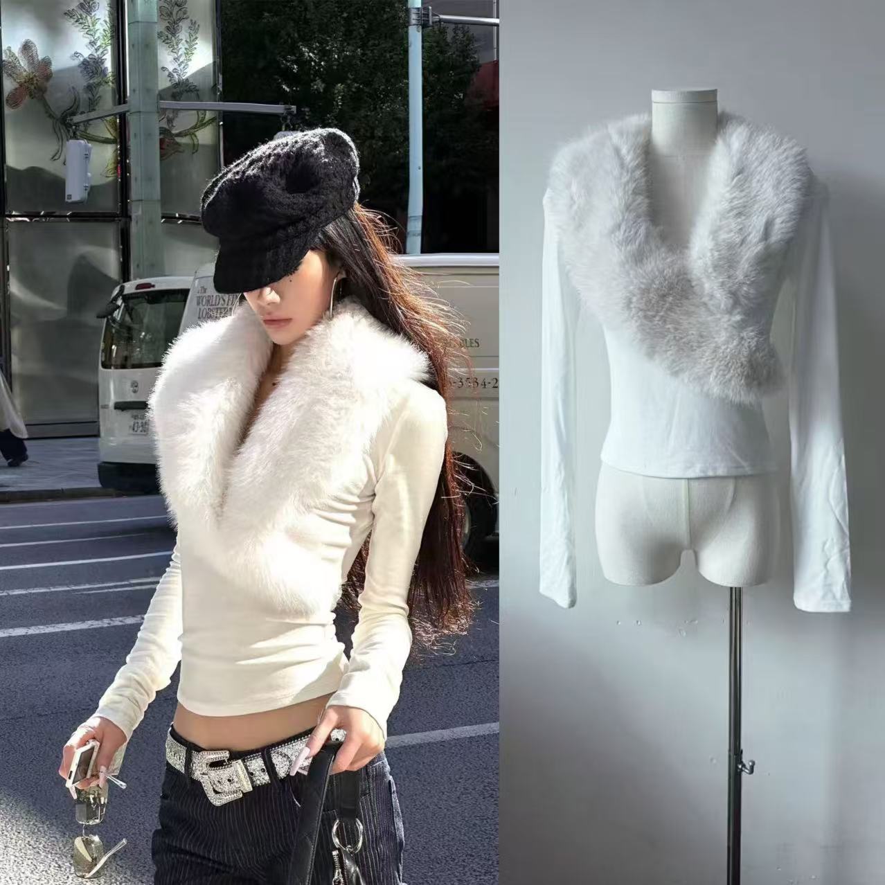 0122stepll梦回千禧年 白色毛领T恤女修身气质辣妹设计感长袖上衣