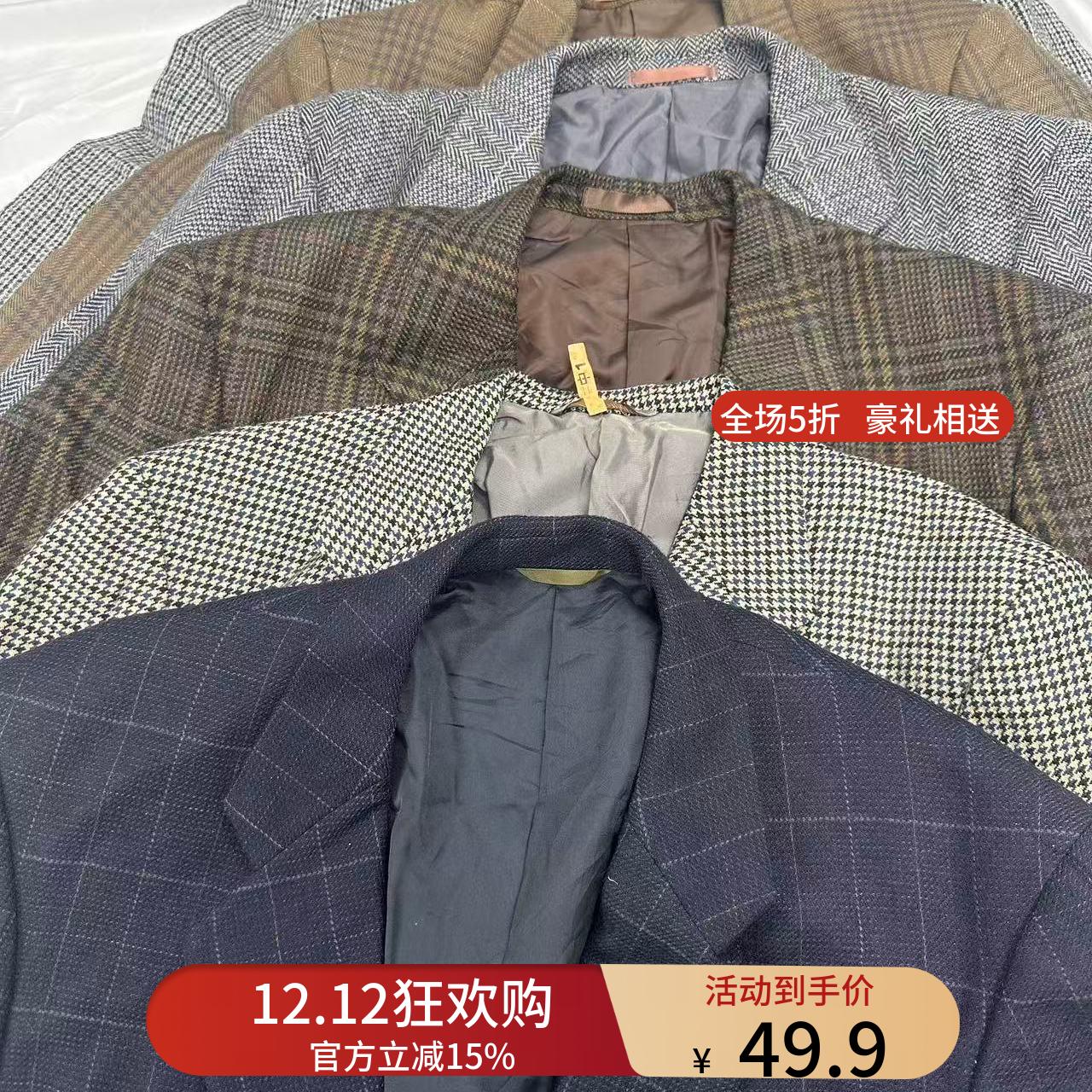 Vintage格子粗花呢羊毛复古青年商务休闲单西装外套秋冬特价瑕疵