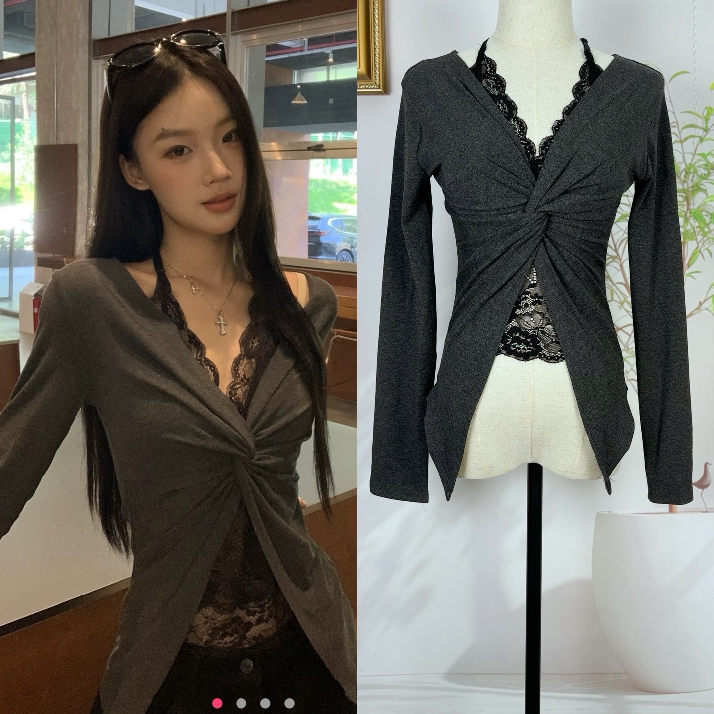 红人馆长袖打底衫女2025新款初秋韩系穿搭蕾丝t恤假两件辣妹上衣