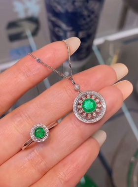 天然祖母绿吊坠戒指两件套吊坠93分 戒指47分强荧光艳绿色 国际证