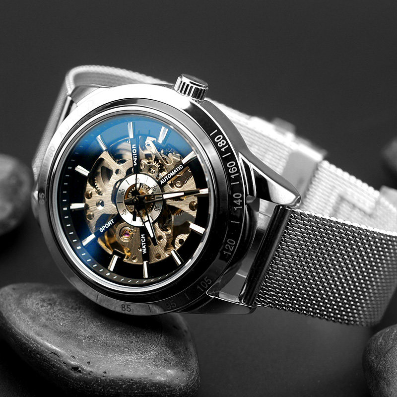 Серебряная сетка с серебряным корпусом, черное лицо, черный круг, серебряная стрелка