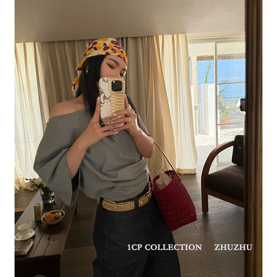 1CP 灰色设计感斜肩短袖T恤女2025夏季新款白色时髦宽松显瘦上衣