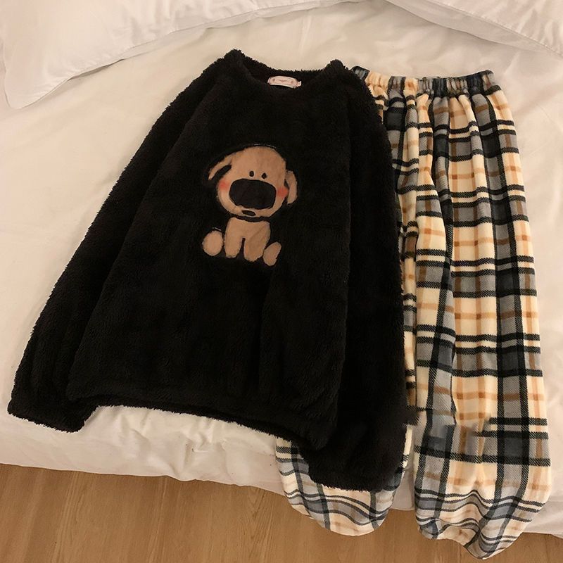 珊瑚绒睡衣女秋冬季加绒可爱外穿