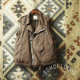 SONOFLOONG复古白鹅绒机车马甲潮牌夹克泼墨日系斜拉链羽绒服短款