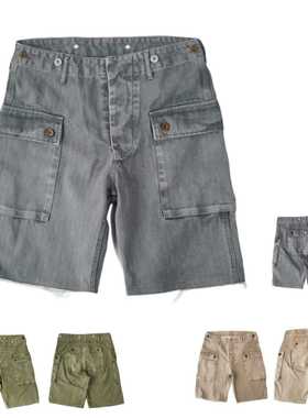 SONOFLOONG复古水洗P44军事工装短裤做旧Vintage人字纹五分裤潮牌