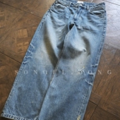 SONOFLOONG复古宽松赤耳水洗牛仔裤 vintage泼墨破坏牛仔裤 潮马毛