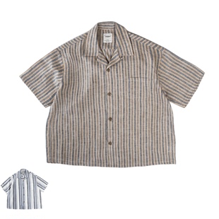 阿美咔叽日系潮牌 亚麻古巴领衬衫 SONOFL复古廓形条纹短袖 衬衫