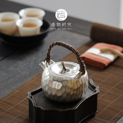 手工锤纹999银提梁壶瓷胎鎏银壶日式功夫茶具大容量茶壶单壶银壶
