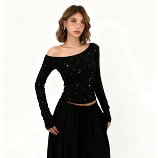 爵士舞新款潮牌带闪斜肩上衣一字肩显瘦修身百搭辣妹长袖打底T恤