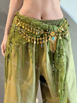爵士舞新款复古叠穿水钻金币流苏双层个性屁帘肚皮舞腰链街舞腰搭