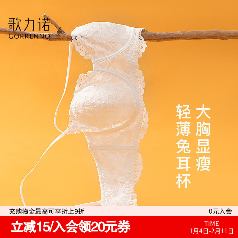 歌力诺白色内衣女薄款聚拢钢圈细肩带大胸显小胸蕾丝文胸法式半杯