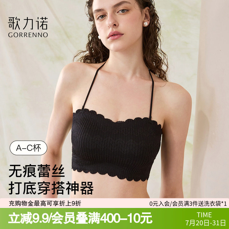 无肩带美背心内衣女夏薄款抹胸防走光小胸聚拢挂颈吊带蕾丝小可爱