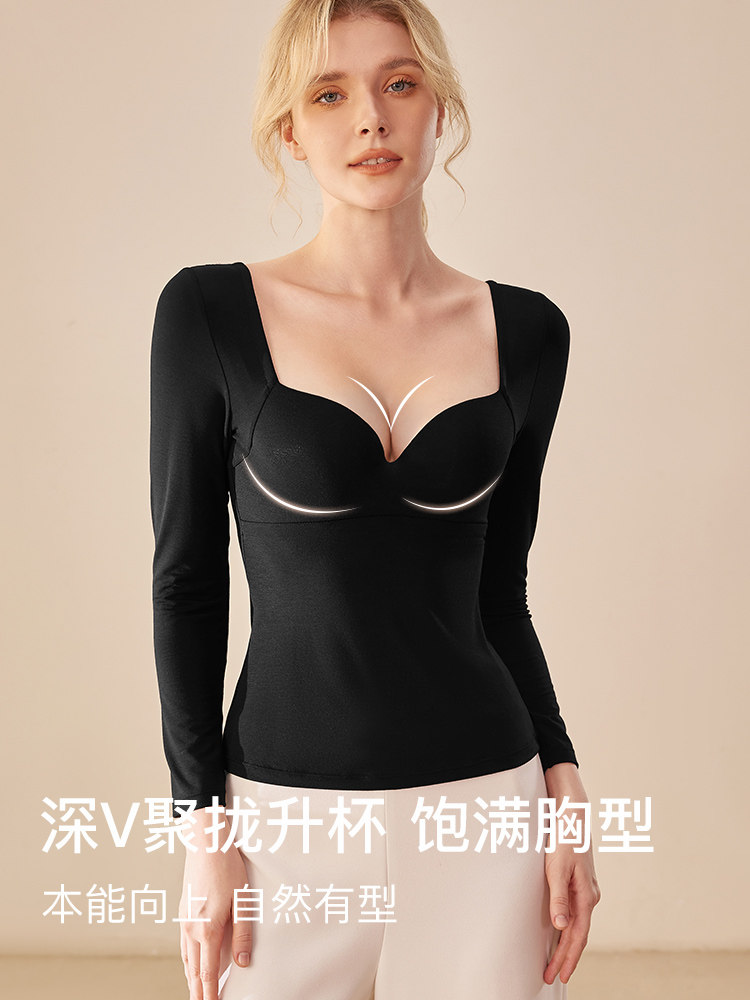 독일 벨벳 열 속옷 여성용 푸시 업 가슴 패드 통합 내부 레이어 가을 코트 로우 칼라 겨울 V 넥 탑