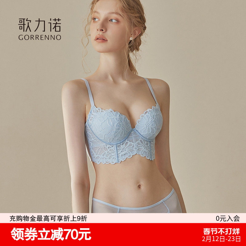 小胸聚拢内衣女鱼骨胸衣蕾丝调整型蓝色上托收副乳塑形文胸罩套装