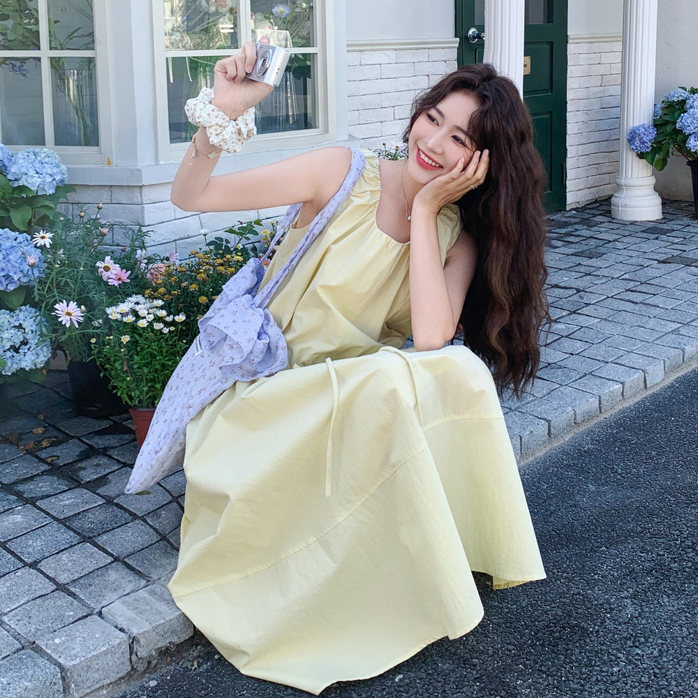 浅黄色无袖背心连衣裙女夏季新款流行甜美减龄巨好看法式茶歇裙子，女装连衣裙，浙宝253A