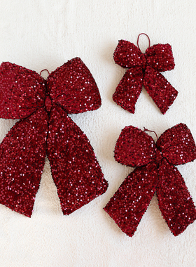 圣诞节装饰品红色亮片粘粉蝴蝶结挂件圣诞树挂饰场景布置道具