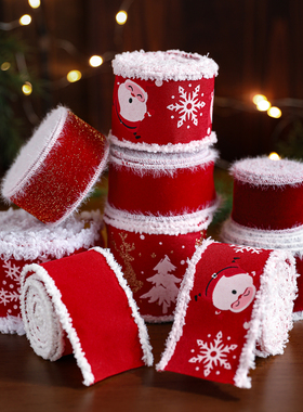 新款红色白绒边拷边织带雪花印花圣诞蝴蝶结礼物绑带彩带装饰配件