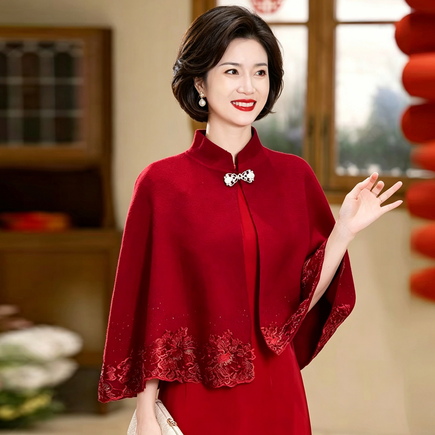 婚礼妈妈喜婆婆配旗袍斗篷2026新款红色高档披肩外搭披风女外套