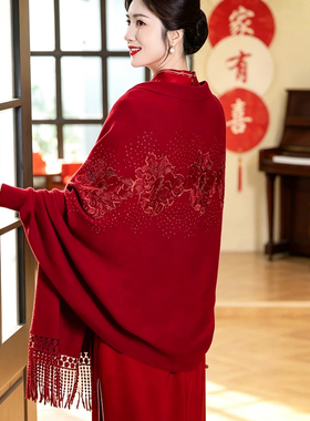 披肩红色高贵显气质喜婆婆配旗袍礼服的外搭绣花洋气针织保暖外套