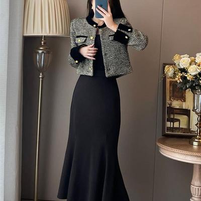 小香风套装裙两件套女春秋款法式气质名媛外套修身连衣裙鱼尾长裙