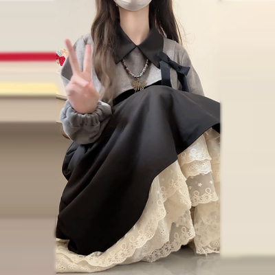 黑色长袖连衣裙子女早秋冬季2024新款气质小个子穿搭一整套装长裙