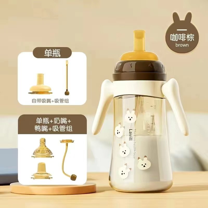 婴儿感温奶瓶防摔宽口径防胀气鸭嘴防喷儿童带吸管仿母乳宝宝水杯