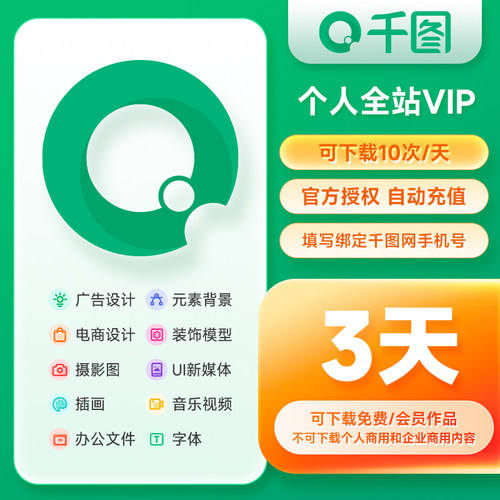 千图网会员vip素材下载个人3天Ⅴip办公元素背景ppt模板视频1天