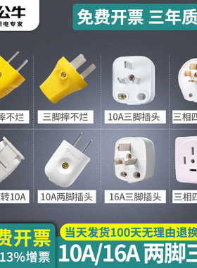 公牛插头二三脚插头3脚10A/16A空调电源插头三孔项220V家用扁插头