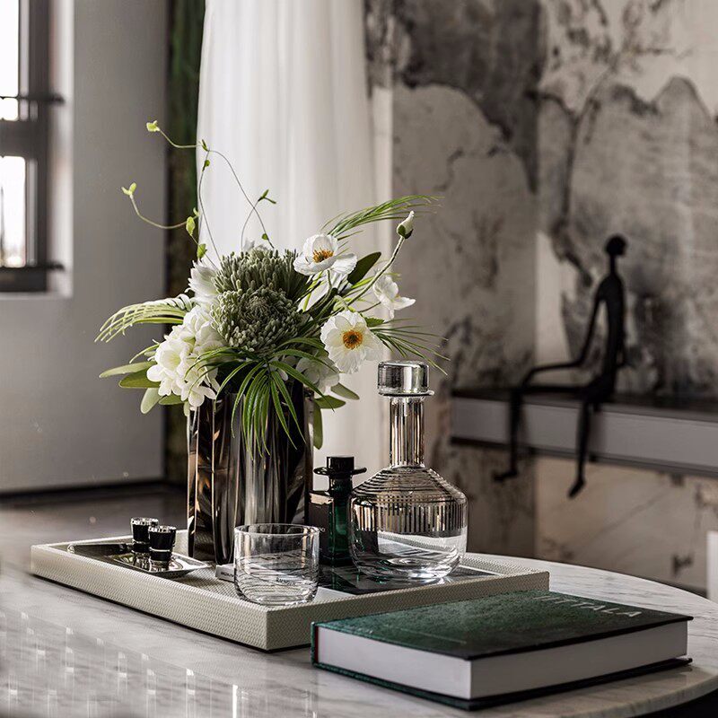 简约现代轻奢售楼处样板房别墅客厅茶几花瓶仿真花酒具装饰品摆件