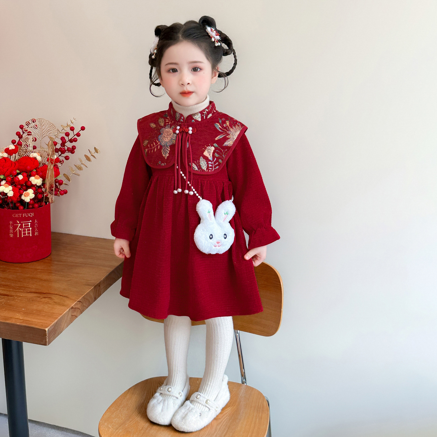 女童拜年服冬季加绒汉服连衣裙儿童国风唐装女孩宝宝新年红色裙子