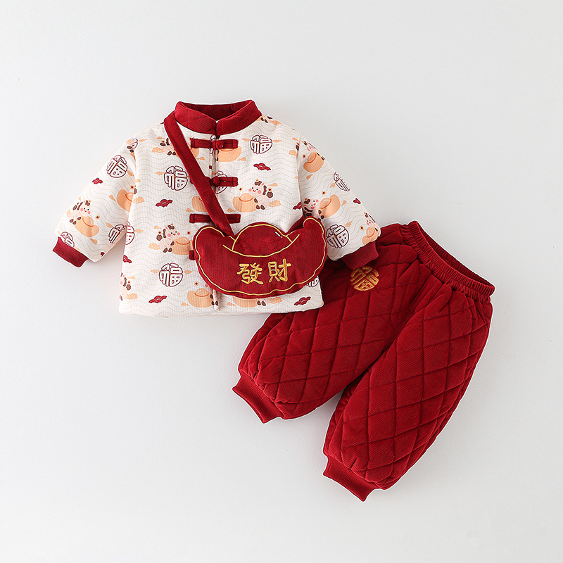 拜年服男宝宝套装红色喜庆婴儿衣服夹棉加绒冬装儿童外出新年衣服