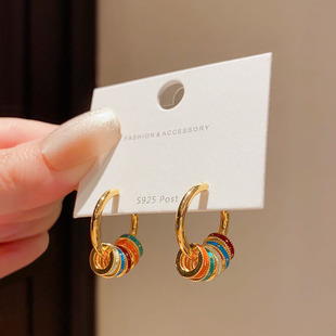 S925纯银复古法式滴釉彩色圆环耳扣女轻奢小众高级感气质耳环耳饰