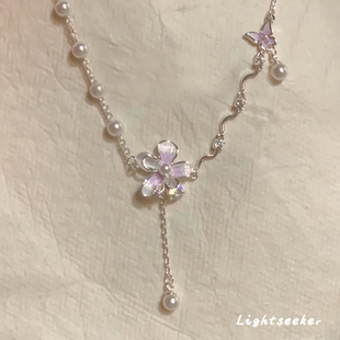 S925純銀紫色花朵項鏈女款 高級感輕奢小眾精致配飾鎖骨鏈 2025新款