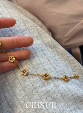 轻奢复古金色闪钻花朵手链女