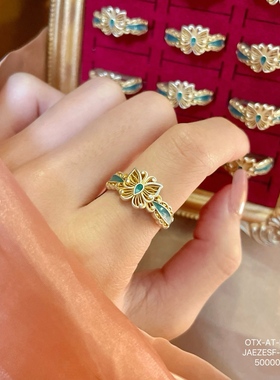 足银999.9描金珐琅镂空蝴蝶珠边戒指新中式百搭送礼氛围感